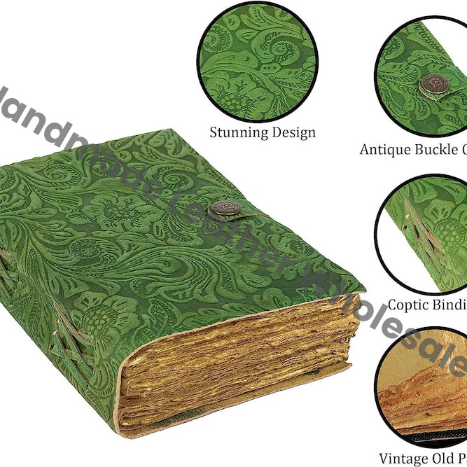 Handmade Green Leather Journal – Embossed Flower Grimoire, Deckle Edge Paper, Vintage Book of Shadows, Wiccan Pagan Gothic Gift