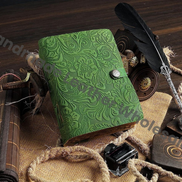 Handmade Green Leather Journal – Embossed Flower Grimoire, Deckle Edge Paper, Vintage Book of Shadows, Wiccan Pagan Gothic Gift