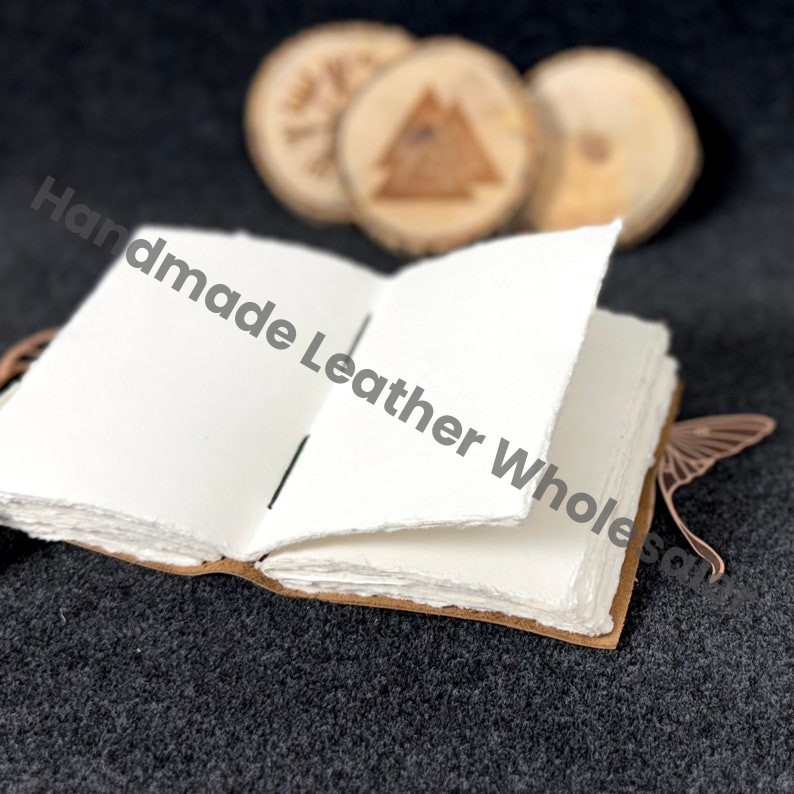 Handmade Green Leather Journal - Vintage White Deckle Edge Paper, Book of Shadows