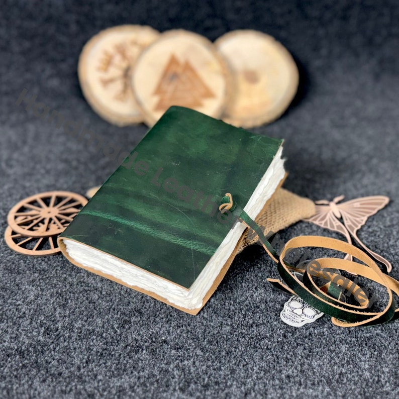 Handmade Green Leather Journal - Vintage White Deckle Edge Paper, Book of Shadows