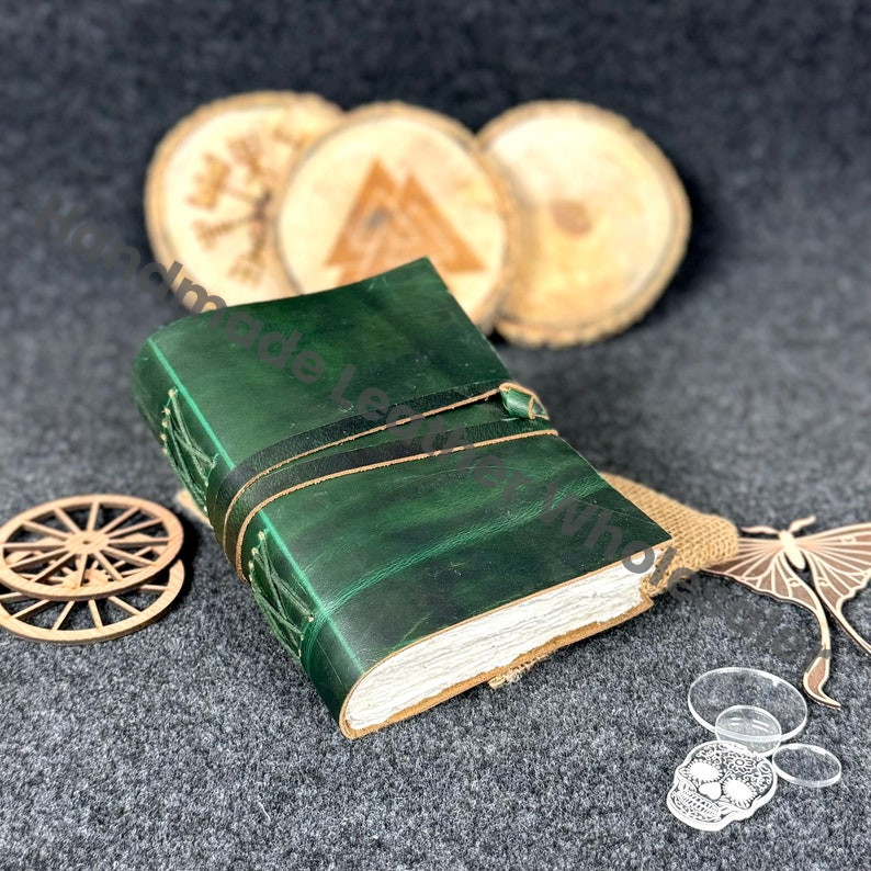Handmade Green Leather Journal - Vintage White Deckle Edge Paper, Book of Shadows