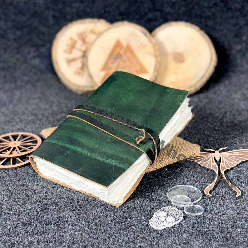 Handmade Green Leather Journal - Vintage White Deckle Edge Paper, Book of Shadows