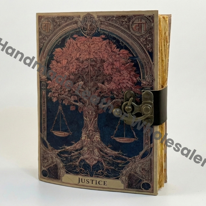 Handmade Grimoire Justice Tree of Life Leather Journal - VIntage Blank Spell Book of Shadows - Antique Closure