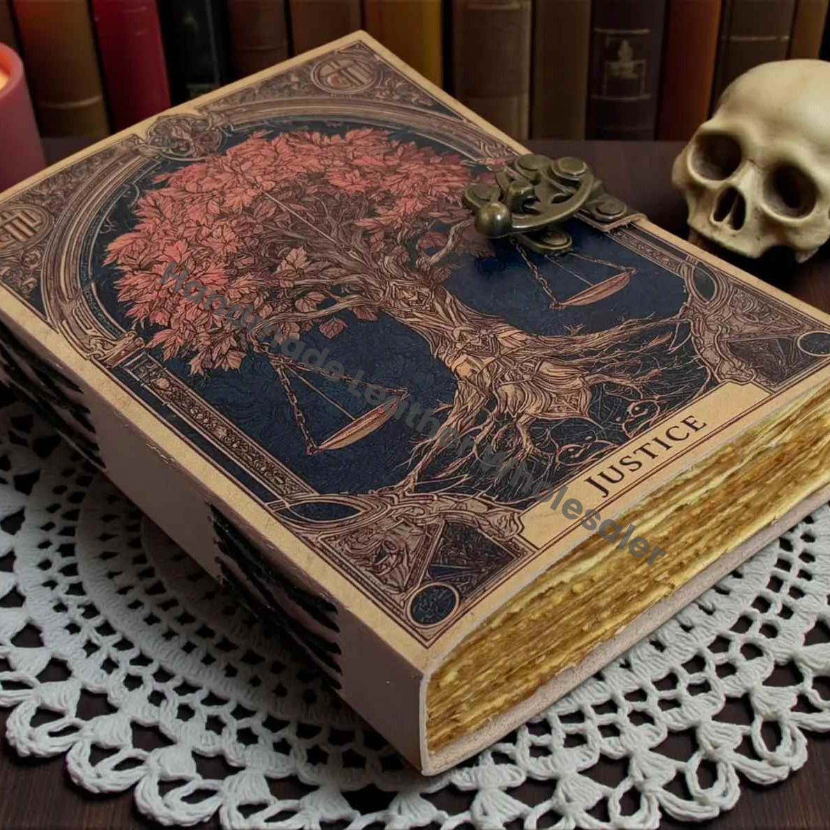 Handmade Grimoire Justice Tree of Life Leather Journal - VIntage Blank Spell Book of Shadows - Antique Closure
