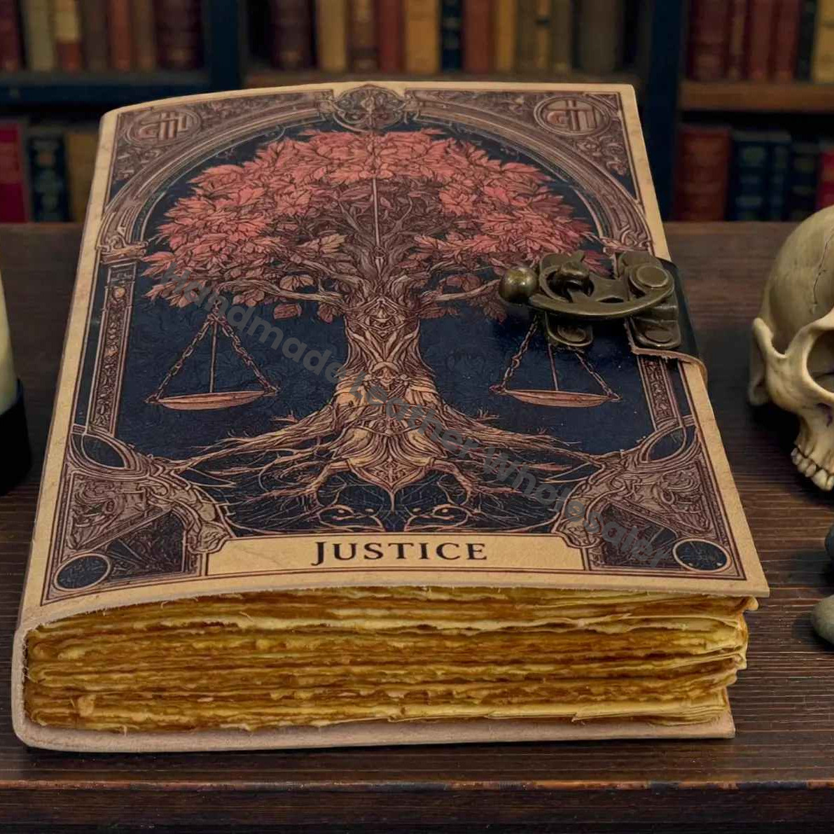 Handmade Grimoire Justice Tree of Life Leather Journal - VIntage Blank Spell Book of Shadows - Antique Closure