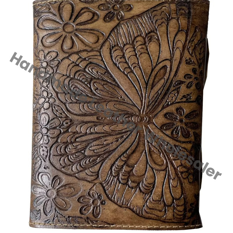 Handmade Hardcover Leather Address Book Vintage Butterfly Flower Embossed Deckle Edge Eco-friendly Paper Customized