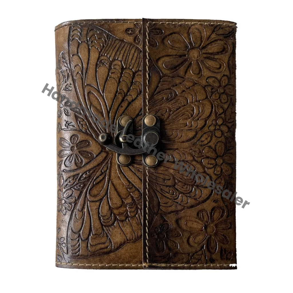 Handmade Hardcover Leather Address Book Vintage Butterfly Flower Embossed Deckle Edge Eco-friendly Paper Customized