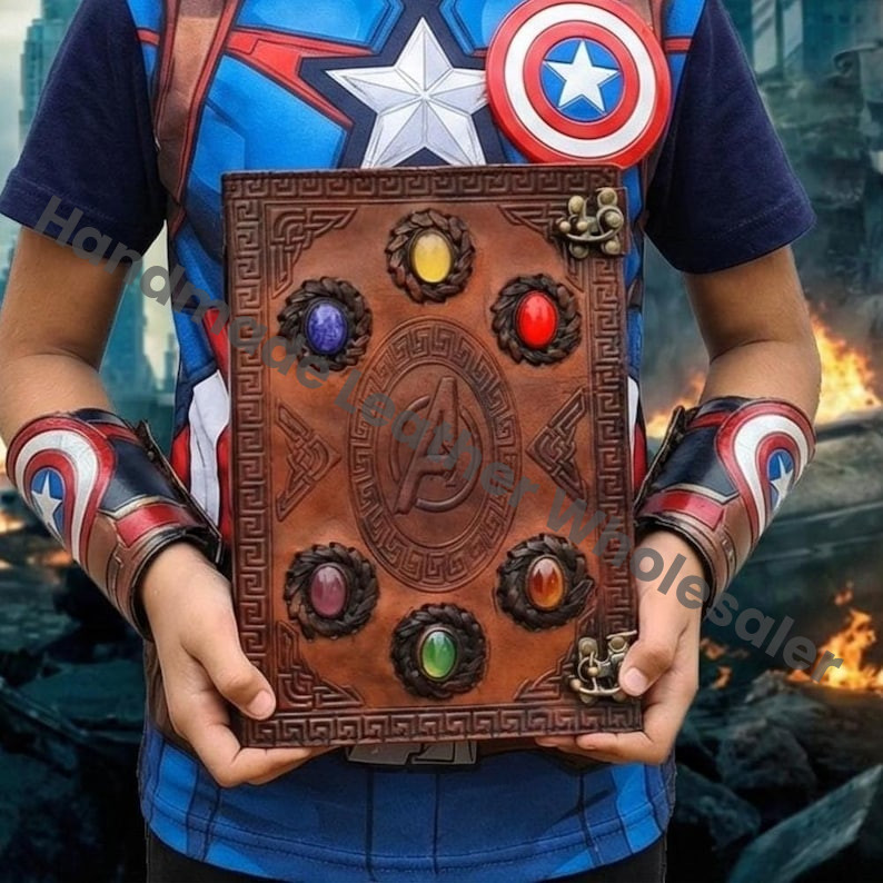 Handmade Large Avengers Infinity Stones Brown Leather Journal, Thanos Gauntlet Sketch Book, Marvel Lovers Gift For Him & Her