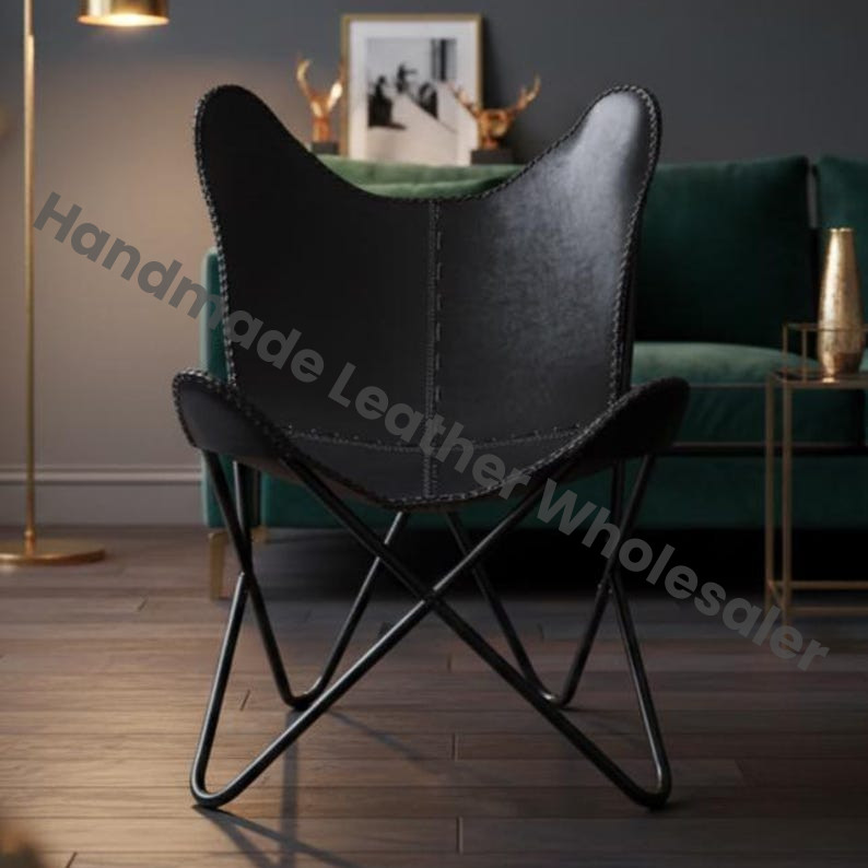 Handmade Leather Butterfly Chair – Vintage Leather Accent Lounge Chair, Industrial Modern Home Decor Furniture