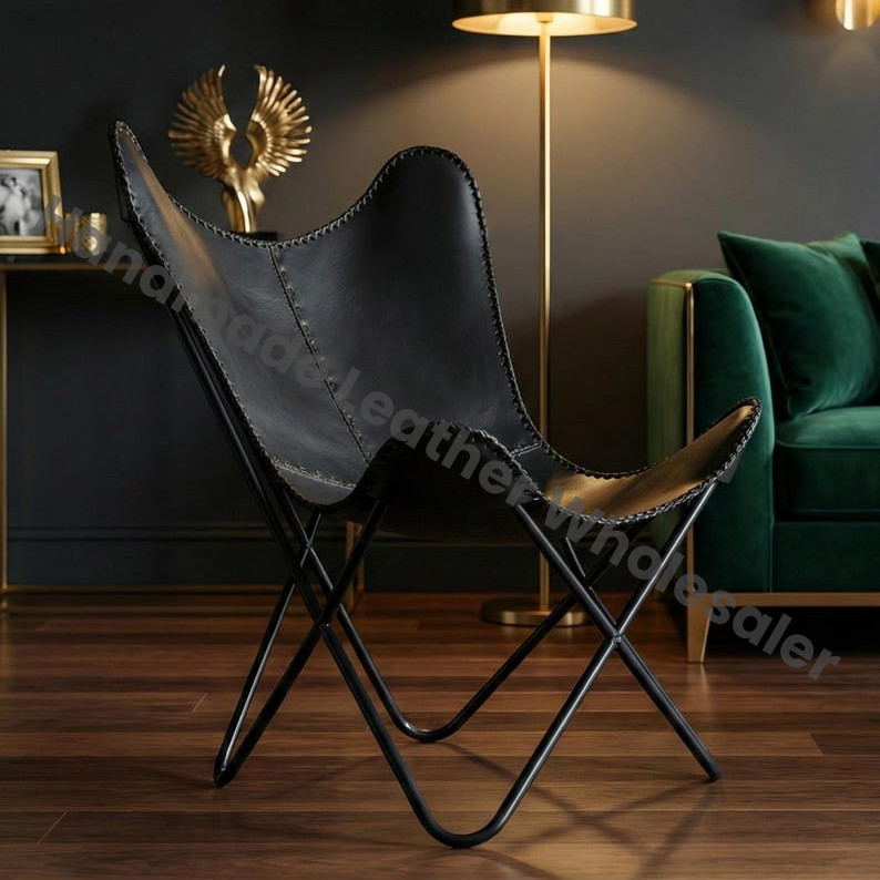 Handmade Leather Butterfly Chair – Vintage Leather Accent Lounge Chair, Industrial Modern Home Decor Furniture