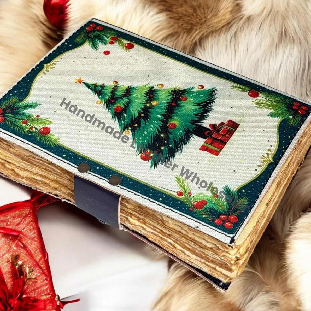 Handmade Leather Christmas Journal: Vintage Tree, Festive Scrapbook