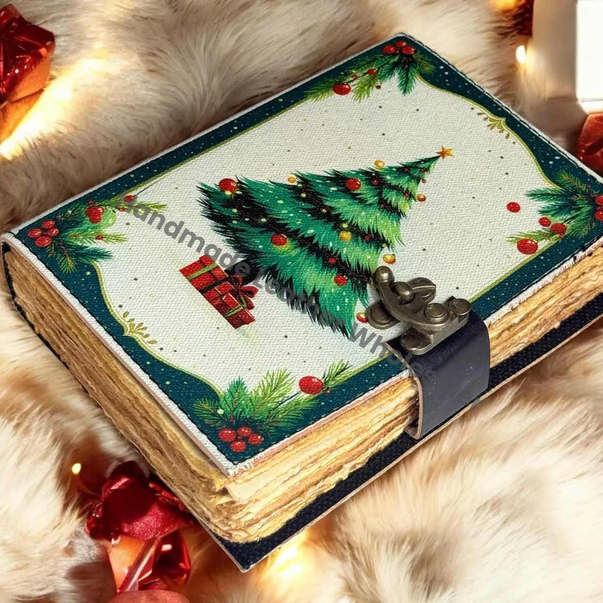 Handmade Leather Christmas Journal: Vintage Tree, Festive Scrapbook