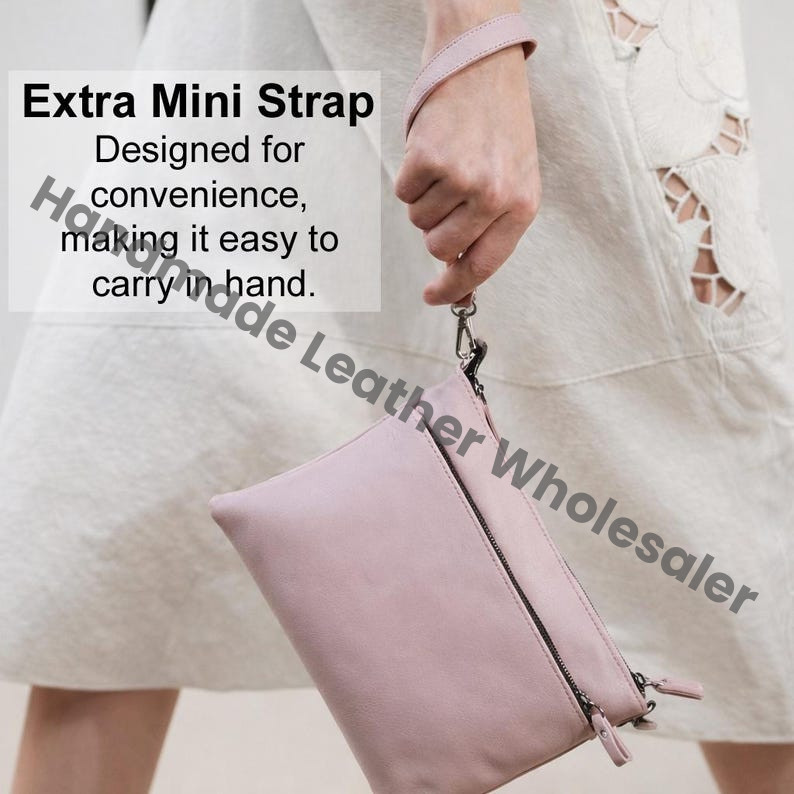 Handmade Leather Crossbody Bag, Minimalist Zipper Pouch with Free Strap