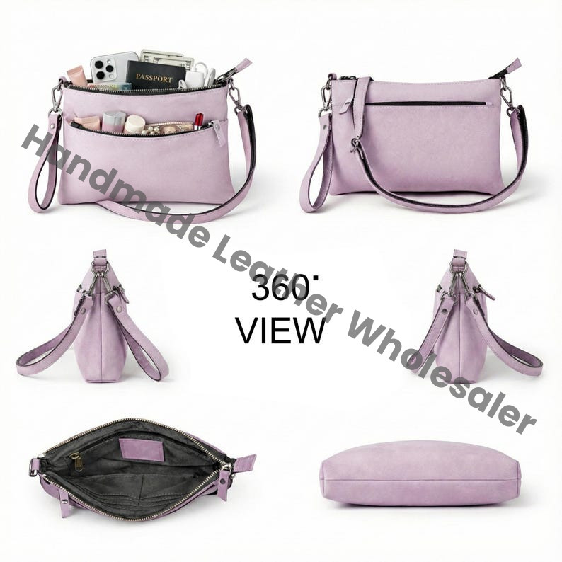 Handmade Leather Crossbody Bag, Minimalist Zipper Pouch with Free Strap