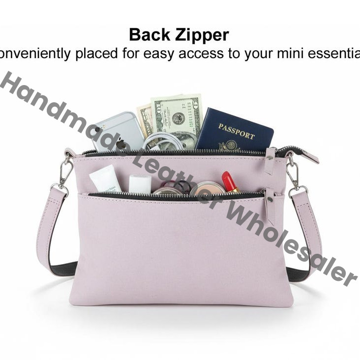 Handmade Leather Crossbody Bag, Minimalist Zipper Pouch with Free Strap