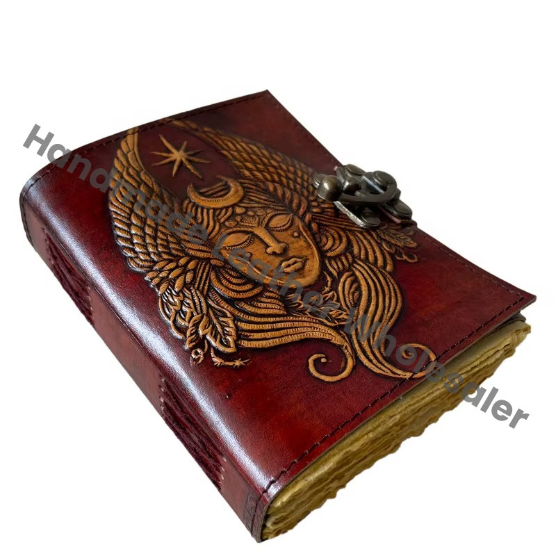 Handmade Leather Diary With Embossed Goddess Design And Metal Clasp Hardcover Journal For Gift Leather Hardcover Spiral Binding