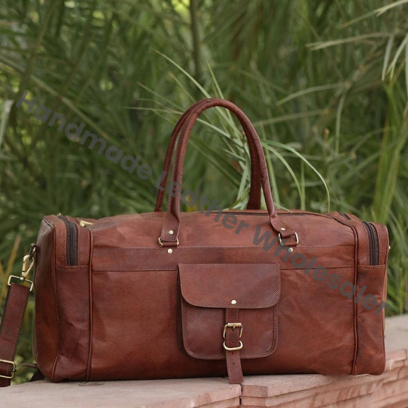 Handmade Leather Duffle Bag: Buffalo Cowhide Weekender Gym Bag