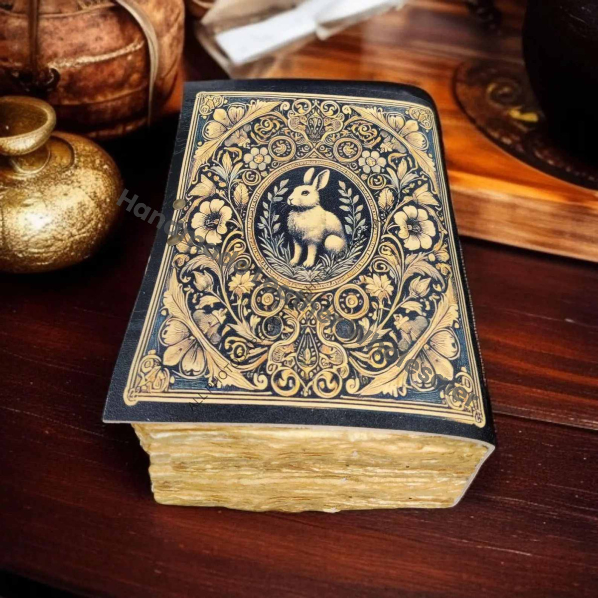 Handmade Leather Grimoire: Easter Bunny Journal, Blank Book of Shadows