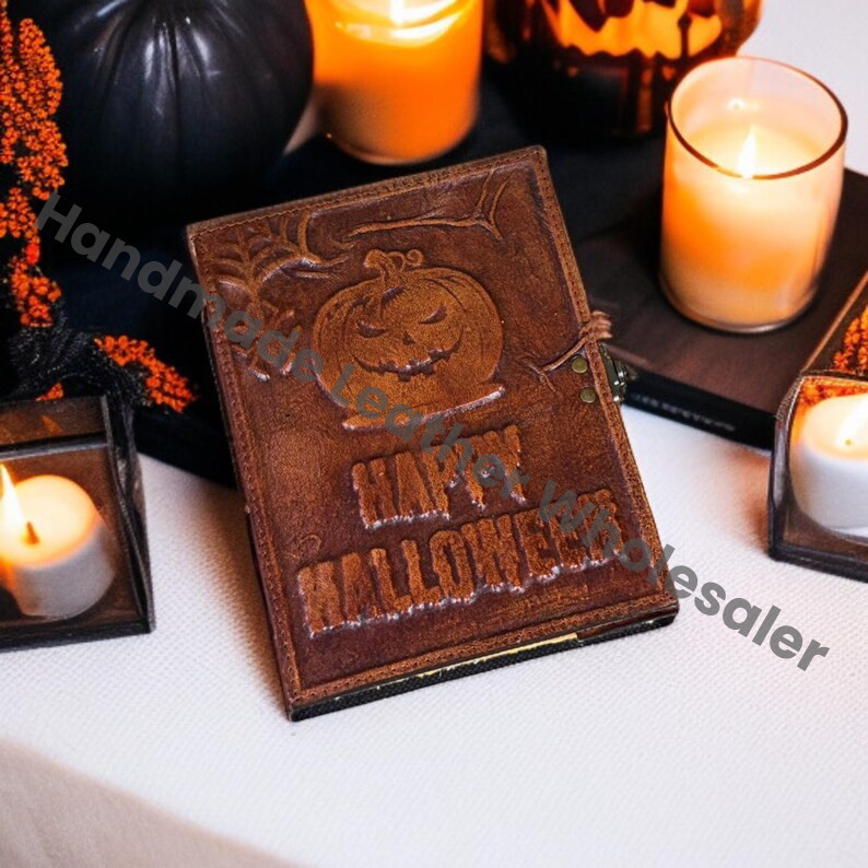 Handmade Leather Halloween Journal: Embossed Pumpkin Gothic Grimoire