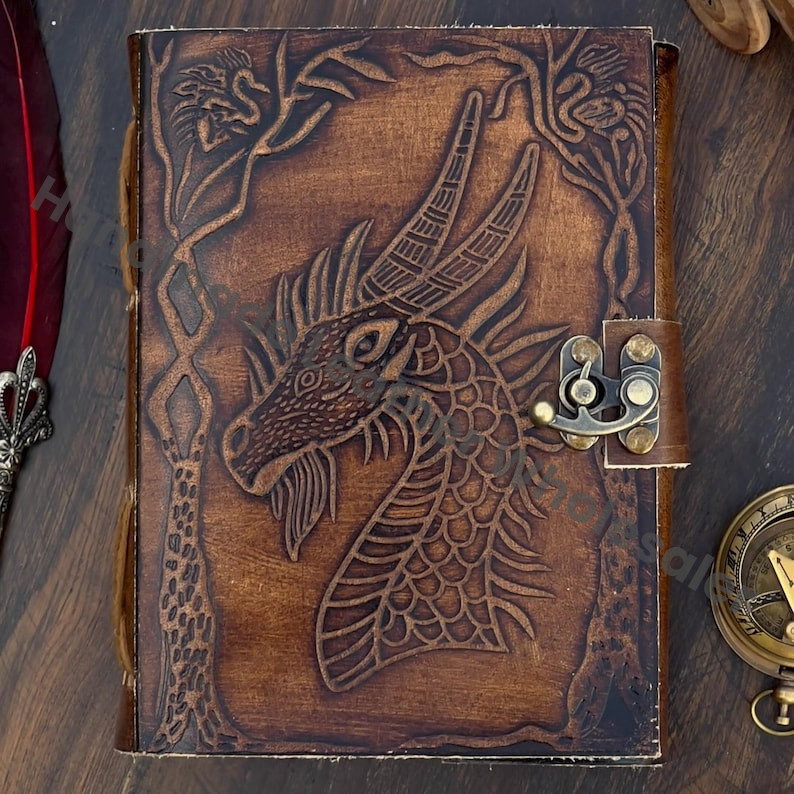 Handmade Leather Journal, Dragon Embossed Book of Shadows