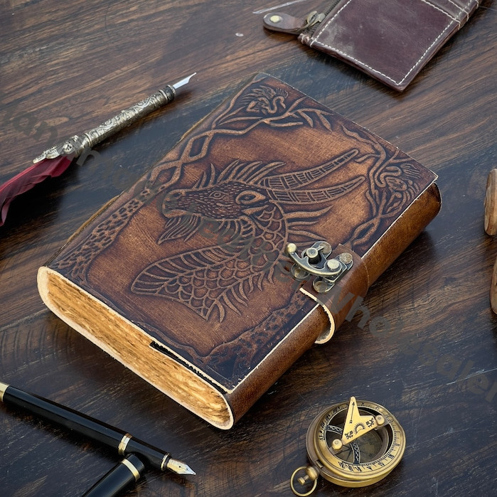 Handmade Leather Journal, Dragon Embossed Book of Shadows