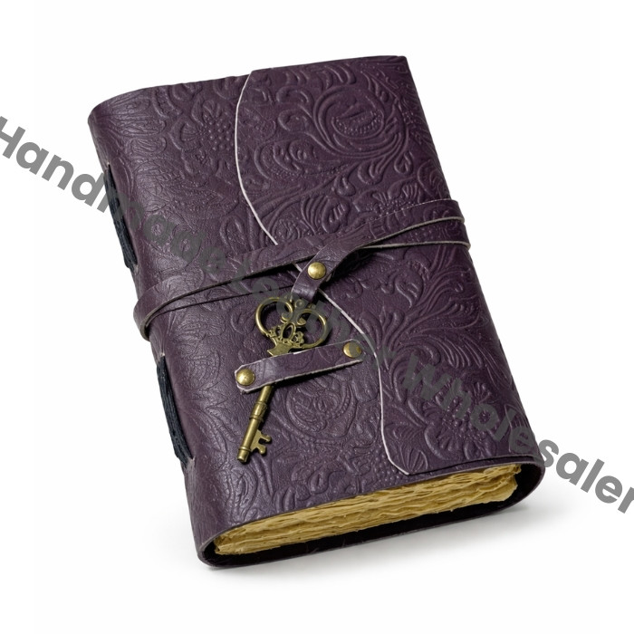 Handmade Leather Journal: Embossed Garden Flower, Vintage Deckle Edge Paper