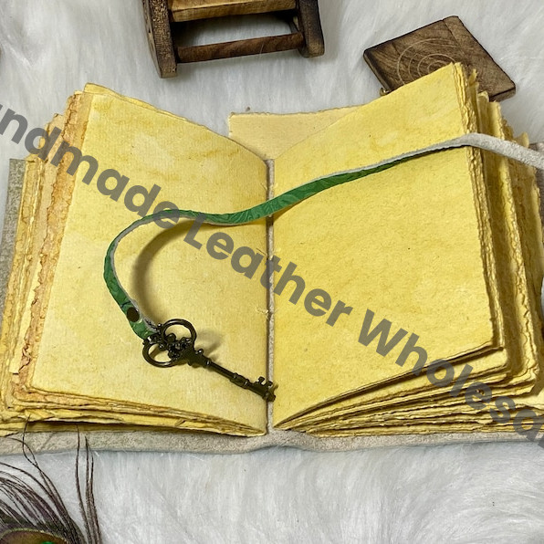 Handmade Leather Journal: Embossed Garden Flower, Vintage Deckle Edge Paper