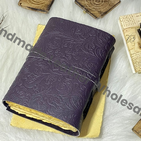 Handmade Leather Journal: Embossed Garden Flower, Vintage Deckle Edge Paper