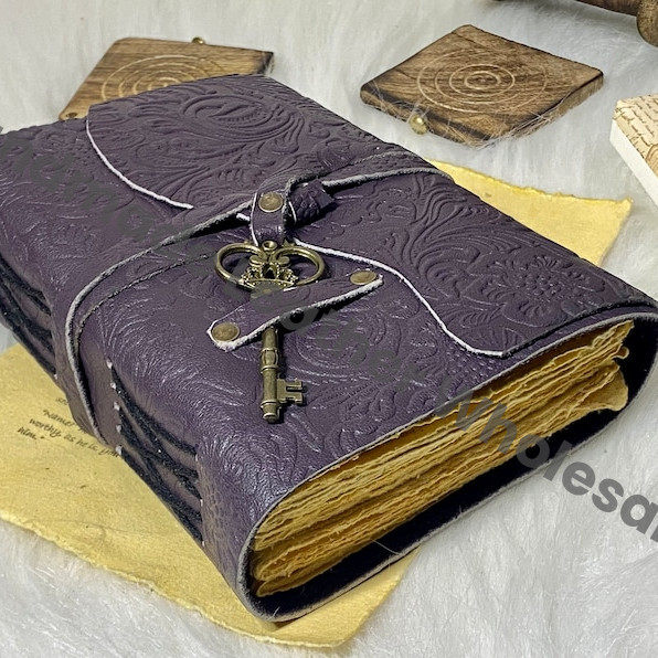 Handmade Leather Journal: Embossed Garden Flower, Vintage Deckle Edge Paper