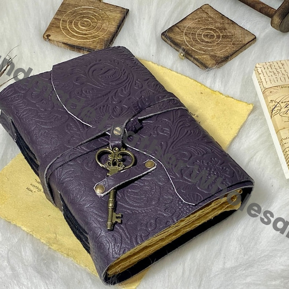 Handmade Leather Journal: Embossed Garden Flower, Vintage Deckle Edge Paper