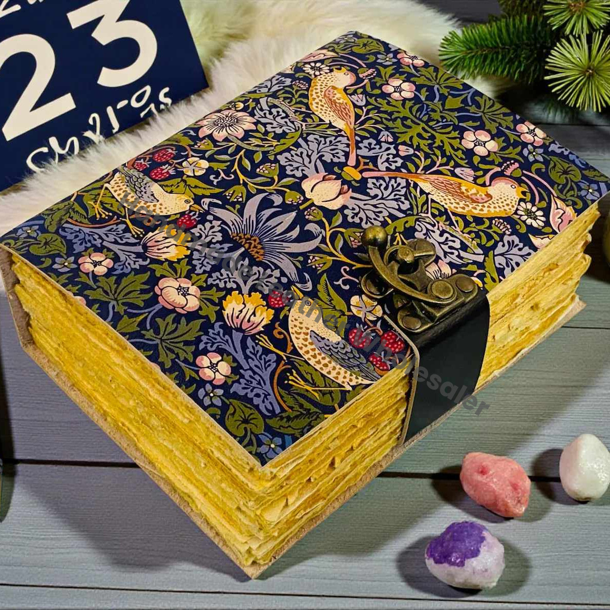 Handmade Leather journal, floral - bird journal, Vintage Natural notebook, deckle paper, antique lock,