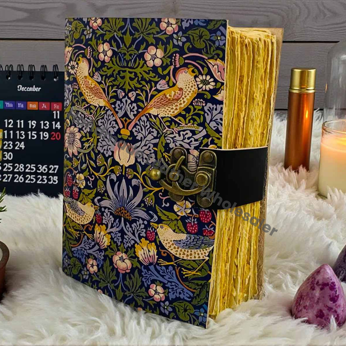 Handmade Leather journal, floral - bird journal, Vintage Natural notebook, deckle paper, antique lock,