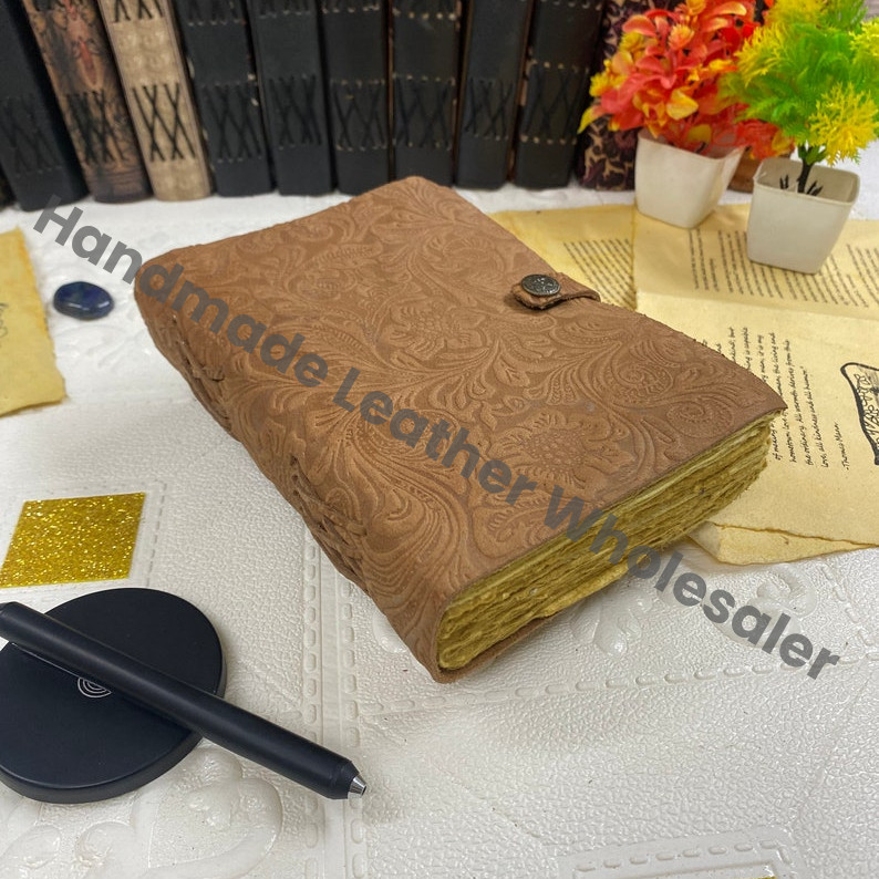 Handmade Leather Journal: Garden Flower Embossed Grimoire with Deckle Edge Paper