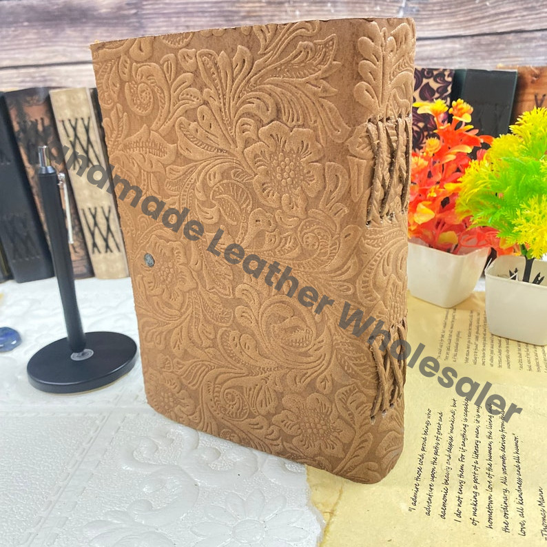 Handmade Leather Journal: Garden Flower Embossed Grimoire with Deckle Edge Paper
