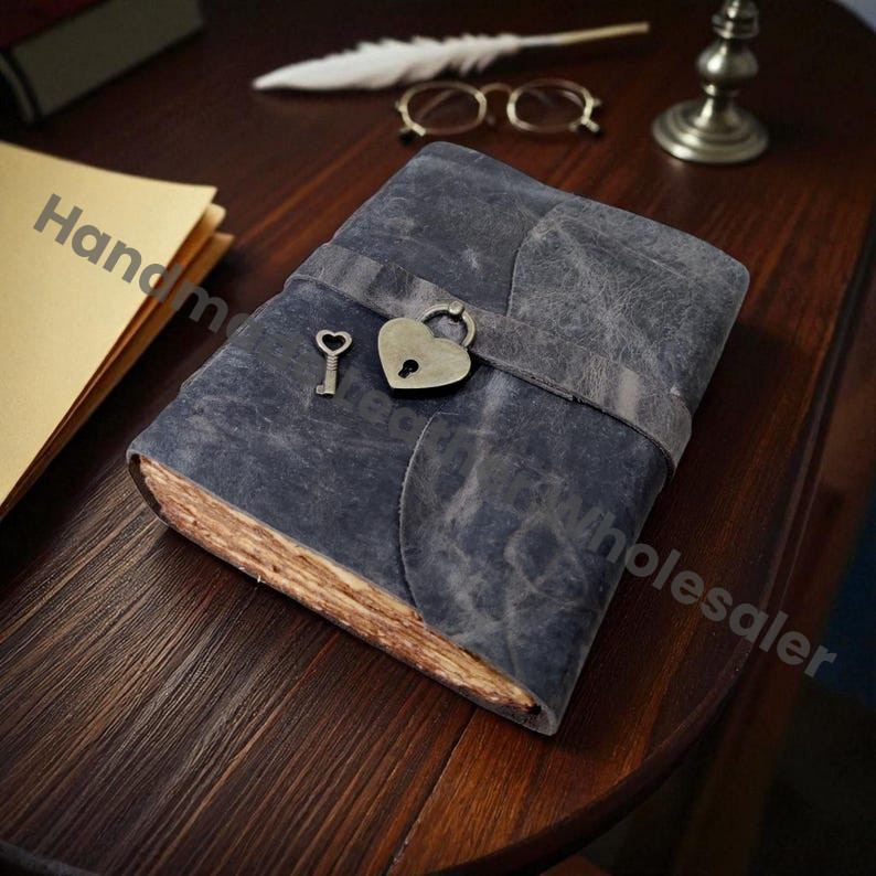 Handmade Leather Journal: Heart Lock, Blank Book of Shadows Grimoire
