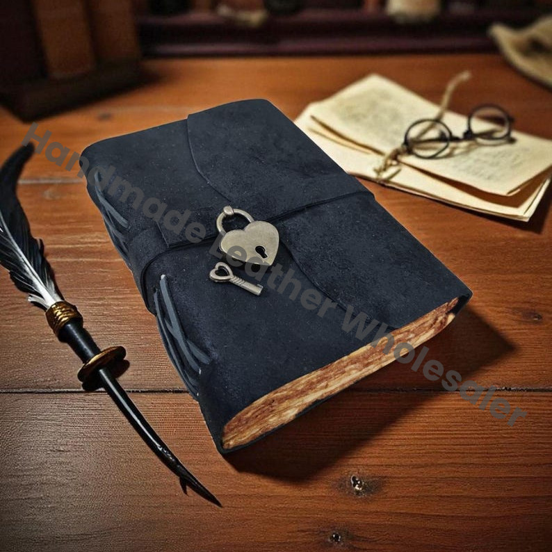 Handmade Leather Journal: Heart Lock, Vintage Spell Book, Grimoire