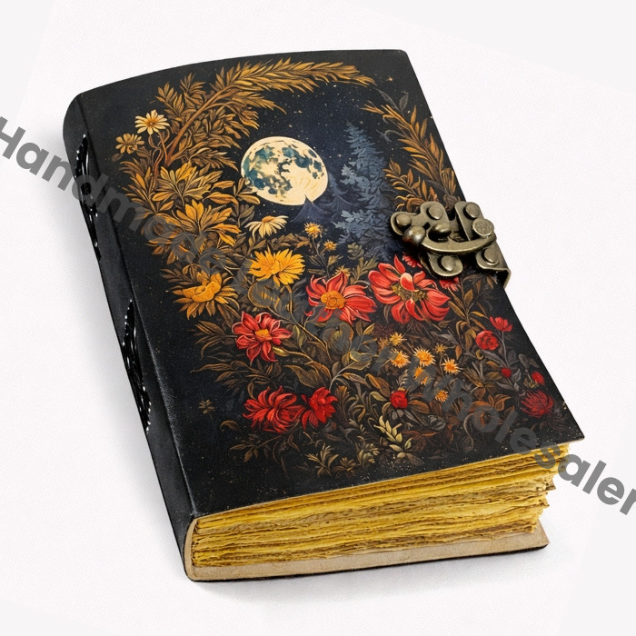 Handmade Leather Journal – Moon Floral Design, Antique Lock Notebook