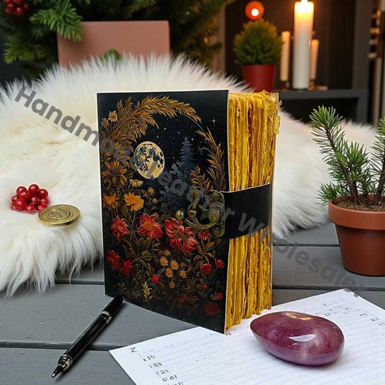 Handmade Leather Journal – Moon Floral Design, Antique Lock Notebook