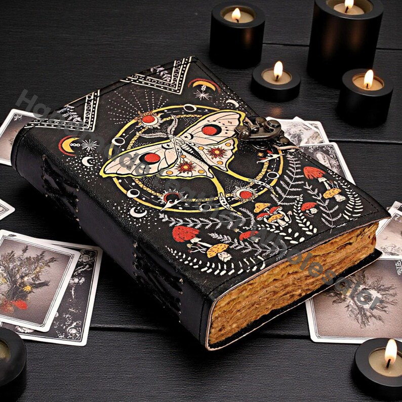 Handmade Leather Journal | Mystical Butterfly Grimoire, Celestial Book of Shadows