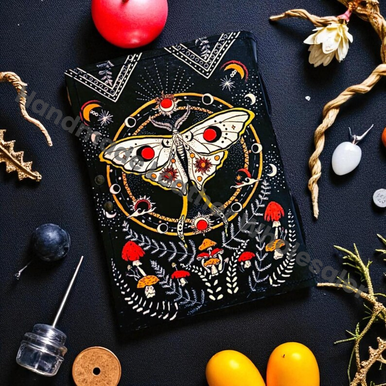 Handmade Leather Journal | Mystical Butterfly Grimoire, Celestial Book of Shadows