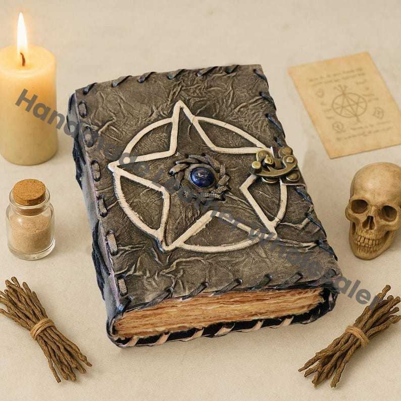 Handmade Leather Journal, Pentagram Grimoire, Gothic Witchcraft Diary