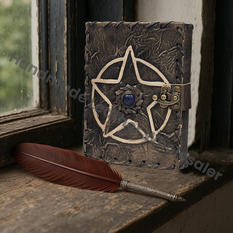 Handmade Leather Journal, Pentagram Grimoire, Gothic Witchcraft Diary