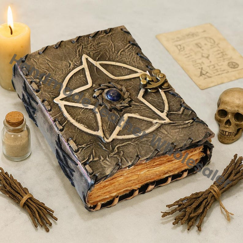 Handmade Leather Journal, Pentagram Grimoire, Gothic Witchcraft Diary