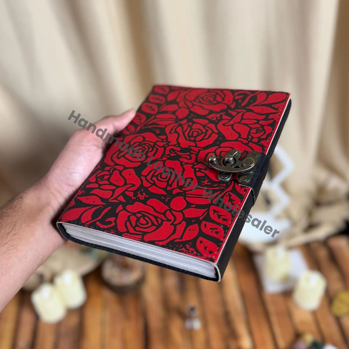Handmade Leather Journal: Red Rose Embossed Gothic Lock Diary