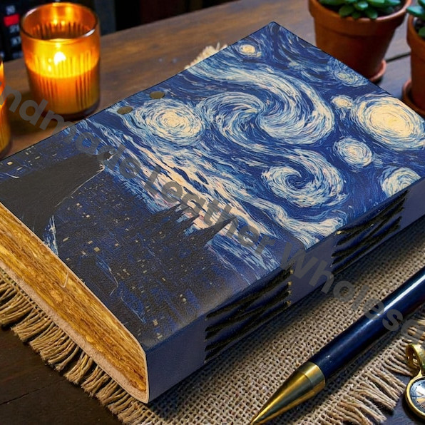 Handmade Leather journal starry night gift – Grimoire Van Gogh Art Cover Creative Writing Notebook art lover Diary