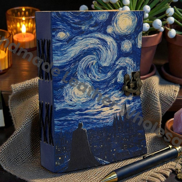 Handmade Leather journal starry night gift – Grimoire Van Gogh Art Cover Creative Writing Notebook art lover Diary