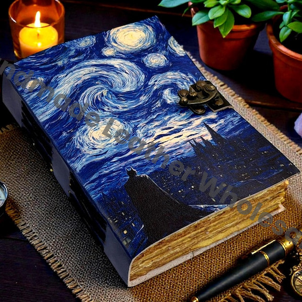 Handmade Leather journal starry night gift – Grimoire Van Gogh Art Cover Creative Writing Notebook art lover Diary