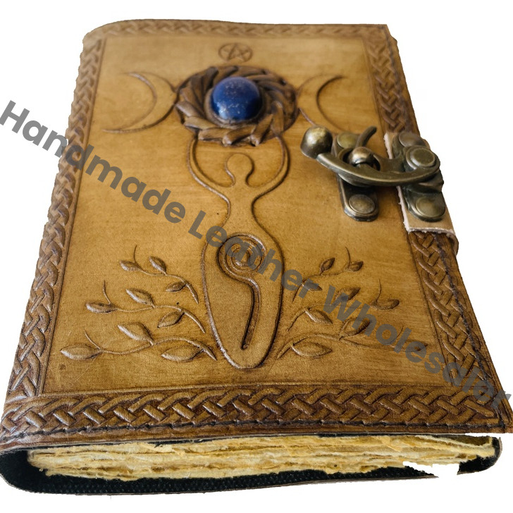 HANDMADE LEATHER JOURNAL Stone Tooled Triple Moon Crystal Spell Book Women's Travel Office Sketchbook Recyclable Paper Gift