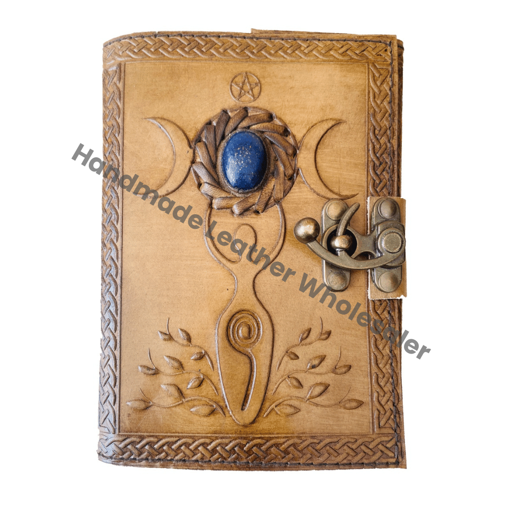 HANDMADE LEATHER JOURNAL Stone Tooled Triple Moon Crystal Spell Book Women's Travel Office Sketchbook Recyclable Paper Gift