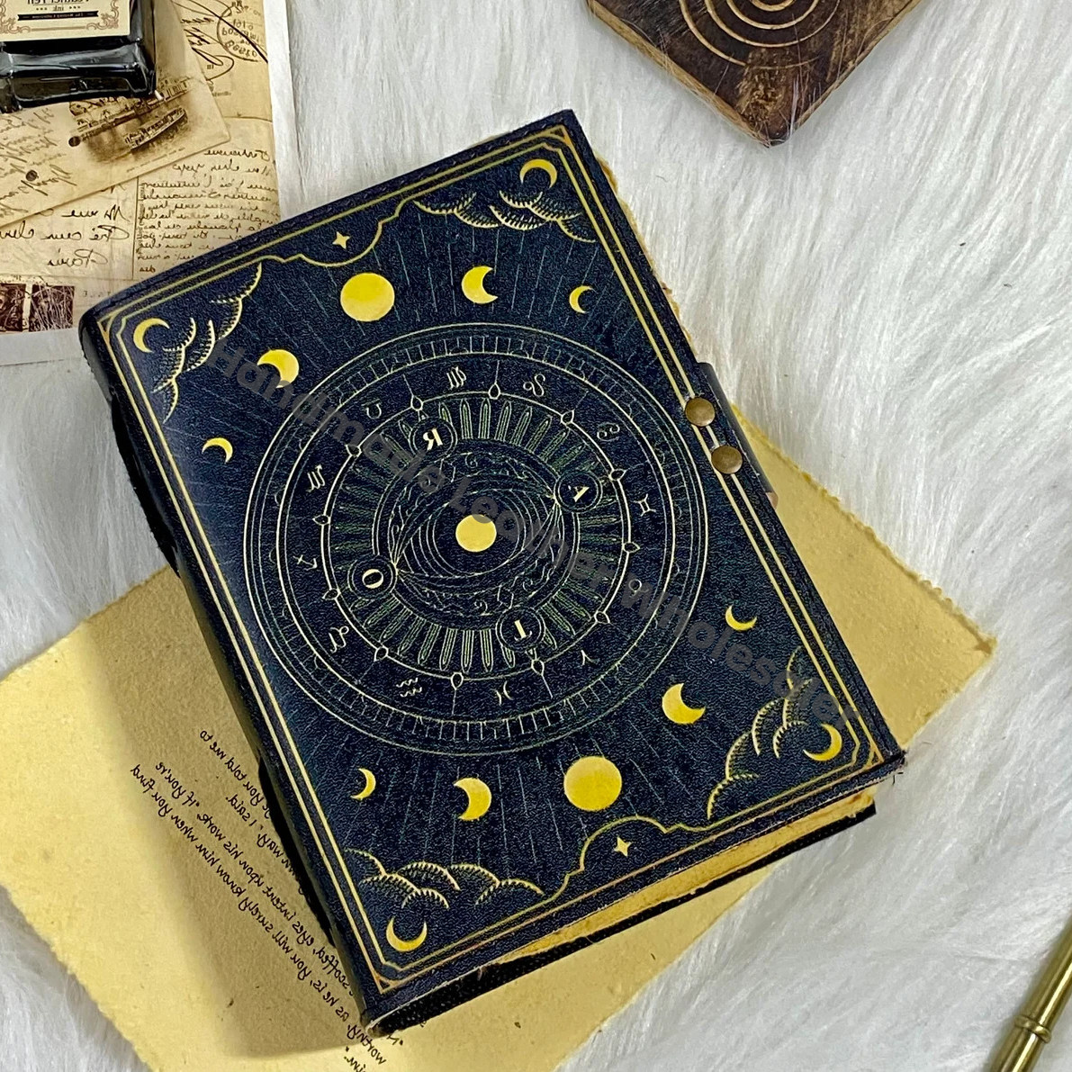 Handmade Sun & Moon Grimoire Leather Journal